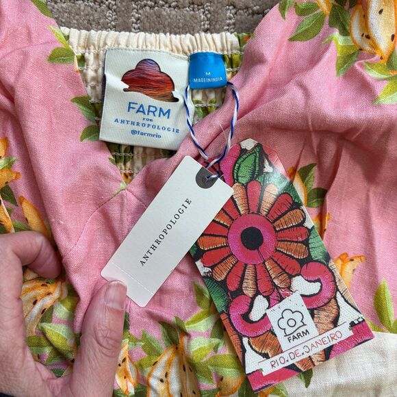 Farm Rio x Anthropologie V-Neck Puff-Sleeve Linen Romper Women's M Pink Tropical - Picture 5 of 10